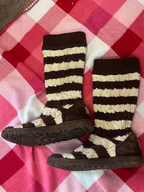 UGG Brown & Cream Striped Knit  Boots